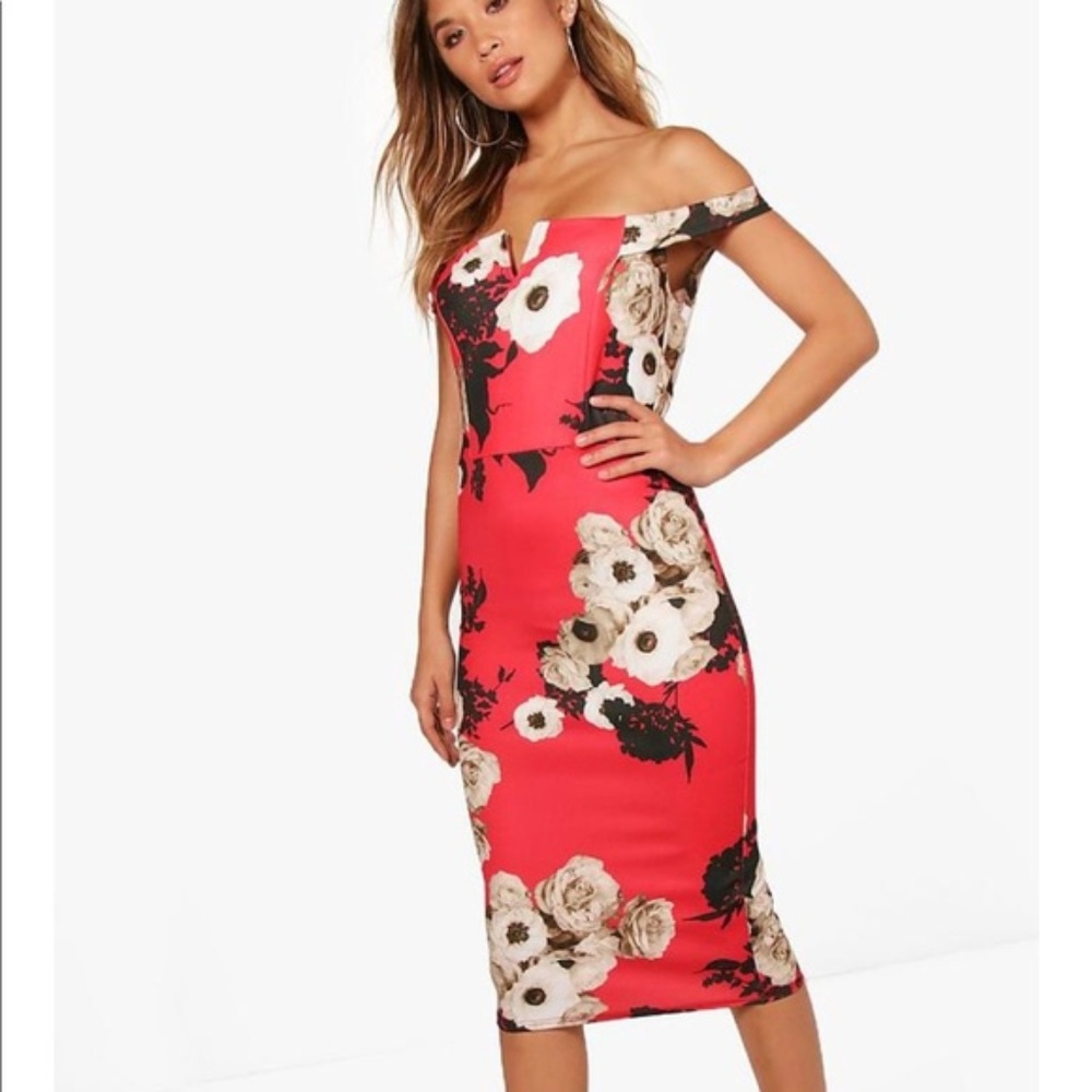 NWT BooHoo Floral Off-The-Shoulder Midi Dress